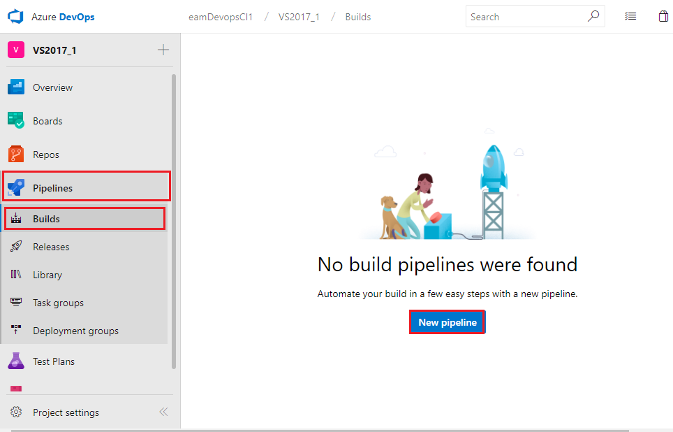 Screenshot of Azure DevOps in the Pipelines then Build section and with the New Pipeline button highlighted